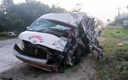 <p><strong>ROAD MISHAP.</strong> The ill-fated passenger van in the Makilala, North Cotabato, road collision with a cargo truck dawn of Monday. (June 18).<em><strong> (Photo courtesy of NDBC-Kidapawan)</strong></em></p>